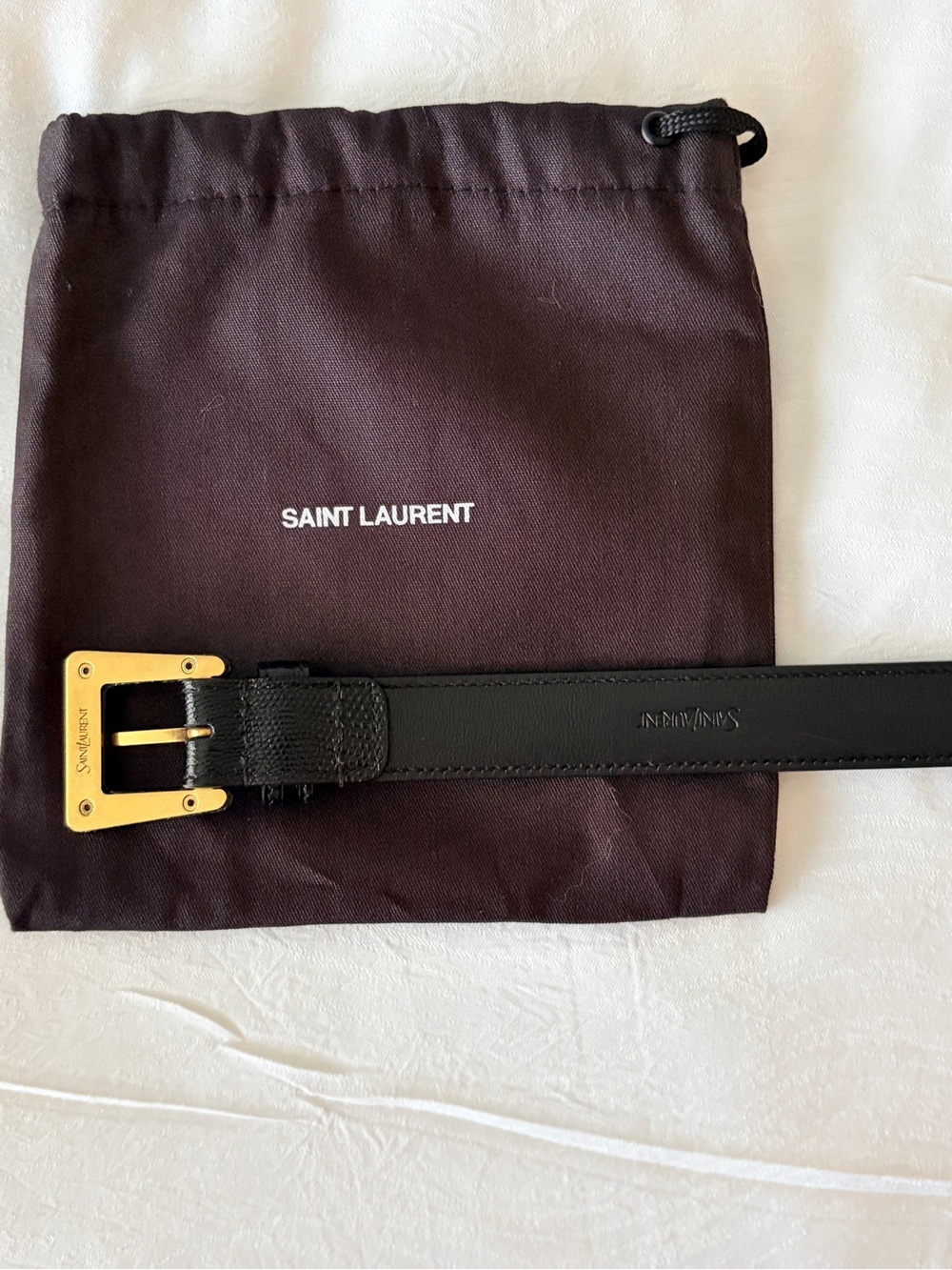 Saint Laurent Black Croc-Embossed Leather Belt with Gold Buckle - Picture 2 of 3